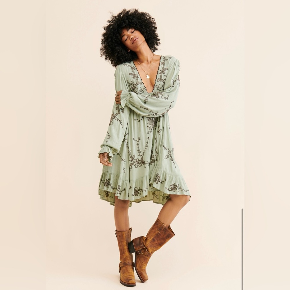Free People Estella Embroidered Green Boho Dress Medium